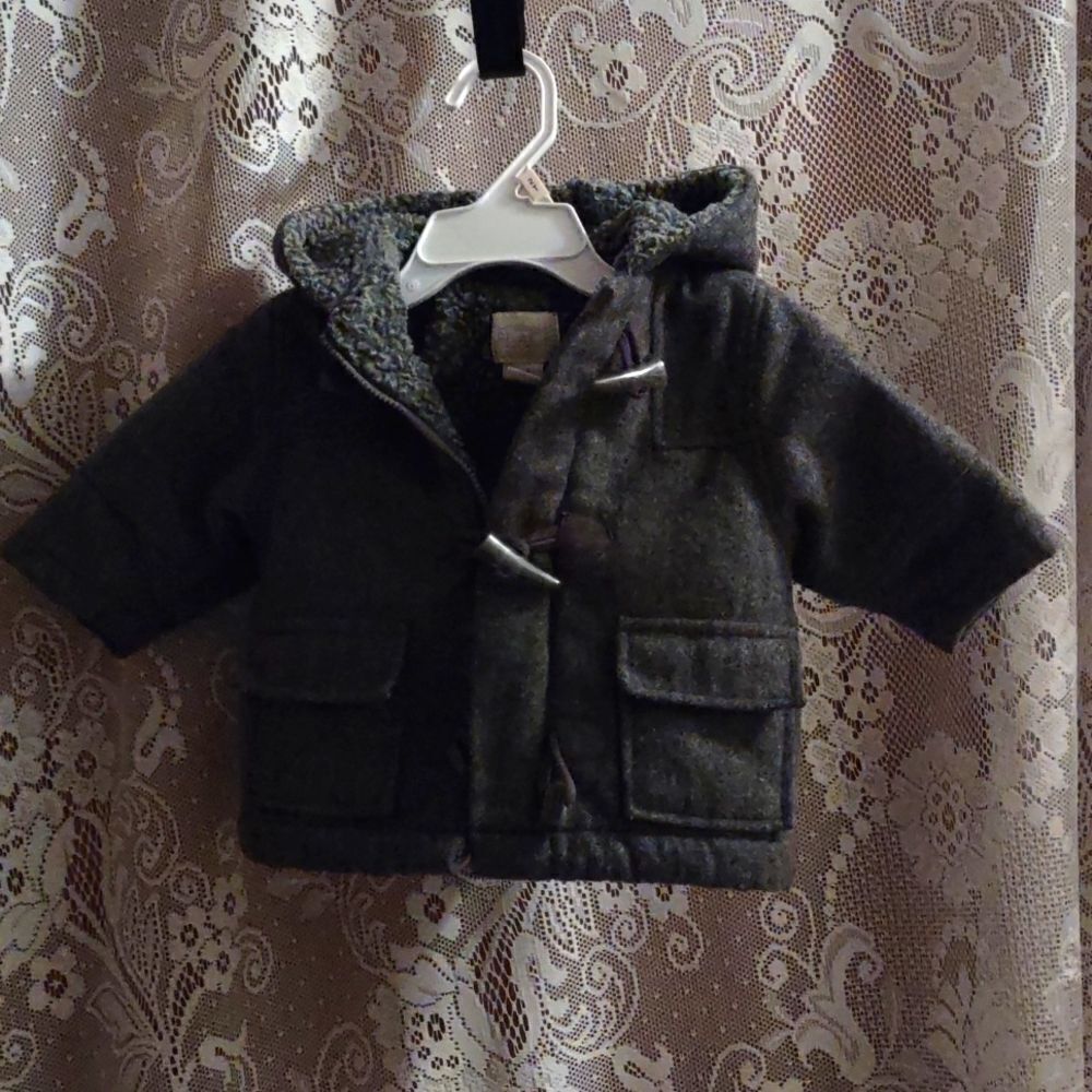 Children's Place Gray wool baby 0-3 mo hooded jacket zip button pockets